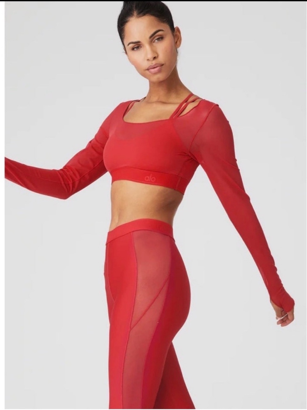 LIKE NEW RARE ALO Yoga Red Long-Sleeve Crop Sports Bra Top & Airlift Leggings
